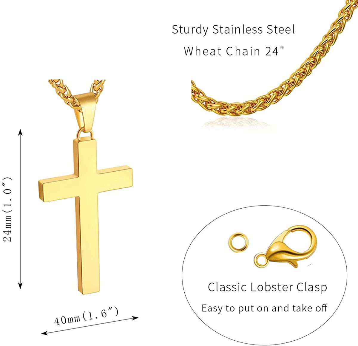 Gold Cross Necklaces for Men Boys Stainless Steel Cross Pendant Chain Catholic Religious Christian Birthday Christmas Jewelry Gifts Teen Boyfriend Son Dad Adults Stocking Stuffers for Kids Age