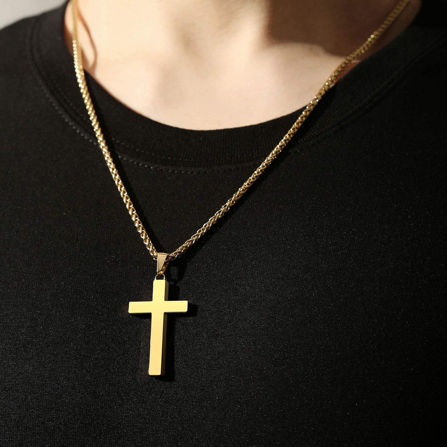 Gold Cross Necklaces for Men Boys Stainless Steel Cross Pendant Chain Catholic Religious Christian Birthday Christmas Jewelry Gifts Teen Boyfriend Son Dad Adults Stocking Stuffers for Kids Age
