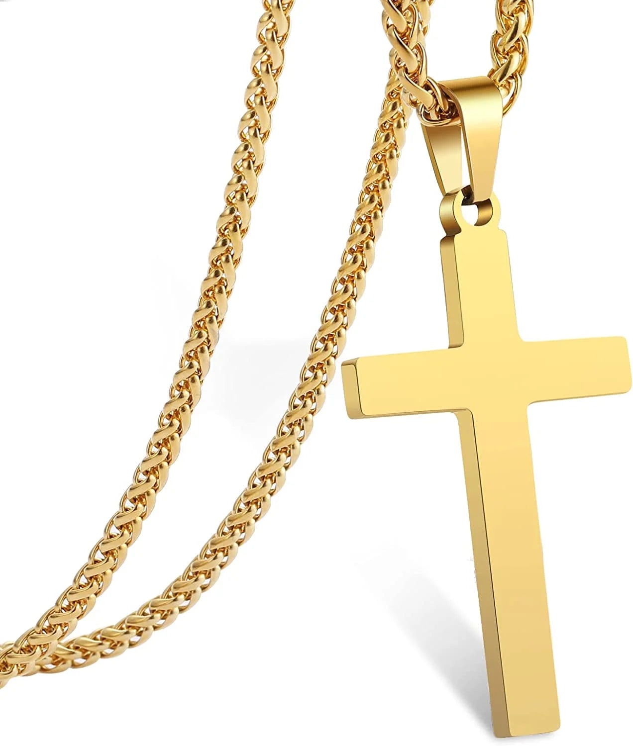 Gold Cross Necklaces for Men Boys Stainless Steel Cross Pendant Chain Catholic Religious Christian Birthday Christmas Jewelry Gifts Teen Boyfriend Son Dad Adults Stocking Stuffers for Kids Age