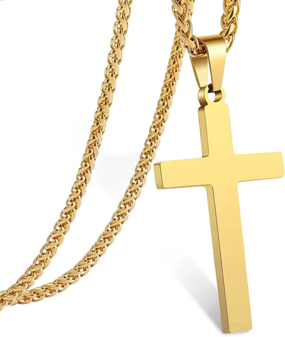Gold Cross Necklaces for Men Boys Stainless Steel Cross Pendant Chain Catholic Religious Christian Birthday Christmas Jewelry Gifts Teen Boyfriend Son Dad Adults Stocking Stuffers for Kids Age