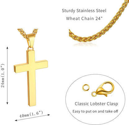 Gold Cross Necklaces for Men Boys Stainless Steel Cross Pendant Chain Catholic Religious Christian Birthday Christmas Jewelry Gifts Teen Boyfriend Son Dad Adults Stocking Stuffers for Kids Age