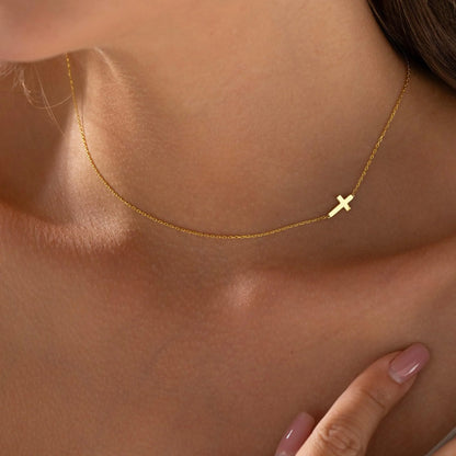 14K Gold Plated Dainty Tiny Sideway Cross Choker Pendant Necklace for Women