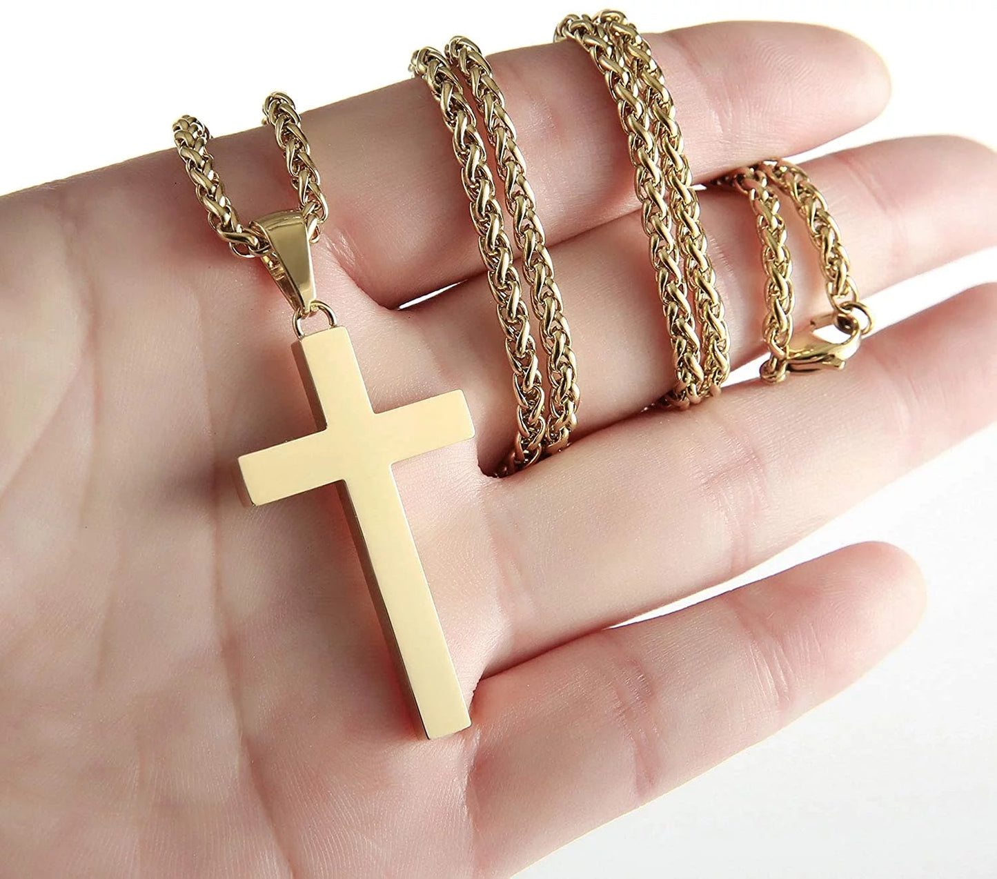 Gold Cross Necklaces for Men Boys Stainless Steel Cross Pendant Chain Catholic Religious Christian Birthday Christmas Jewelry Gifts Teen Boyfriend Son Dad Adults Stocking Stuffers for Kids Age