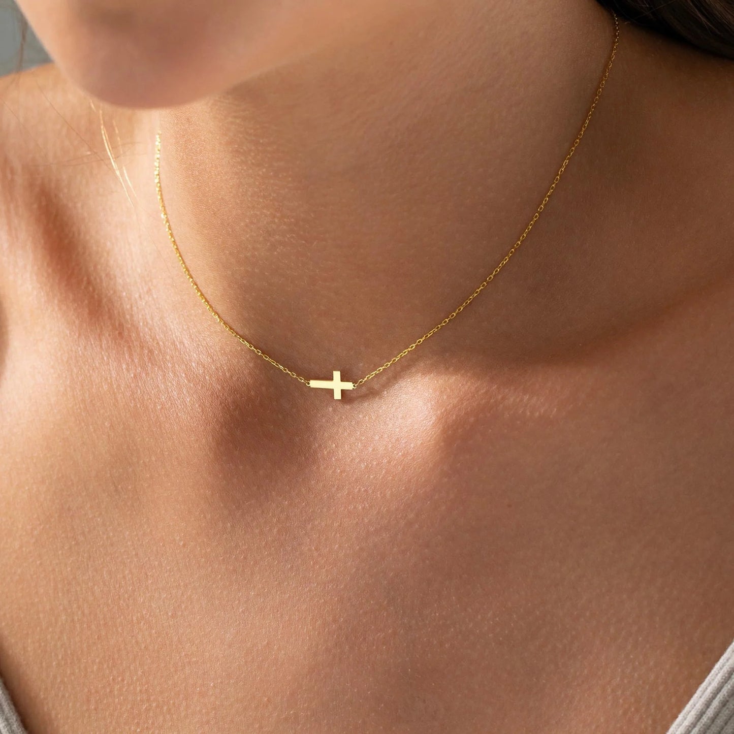 14K Gold Plated Dainty Tiny Sideway Cross Choker Pendant Necklace for Women