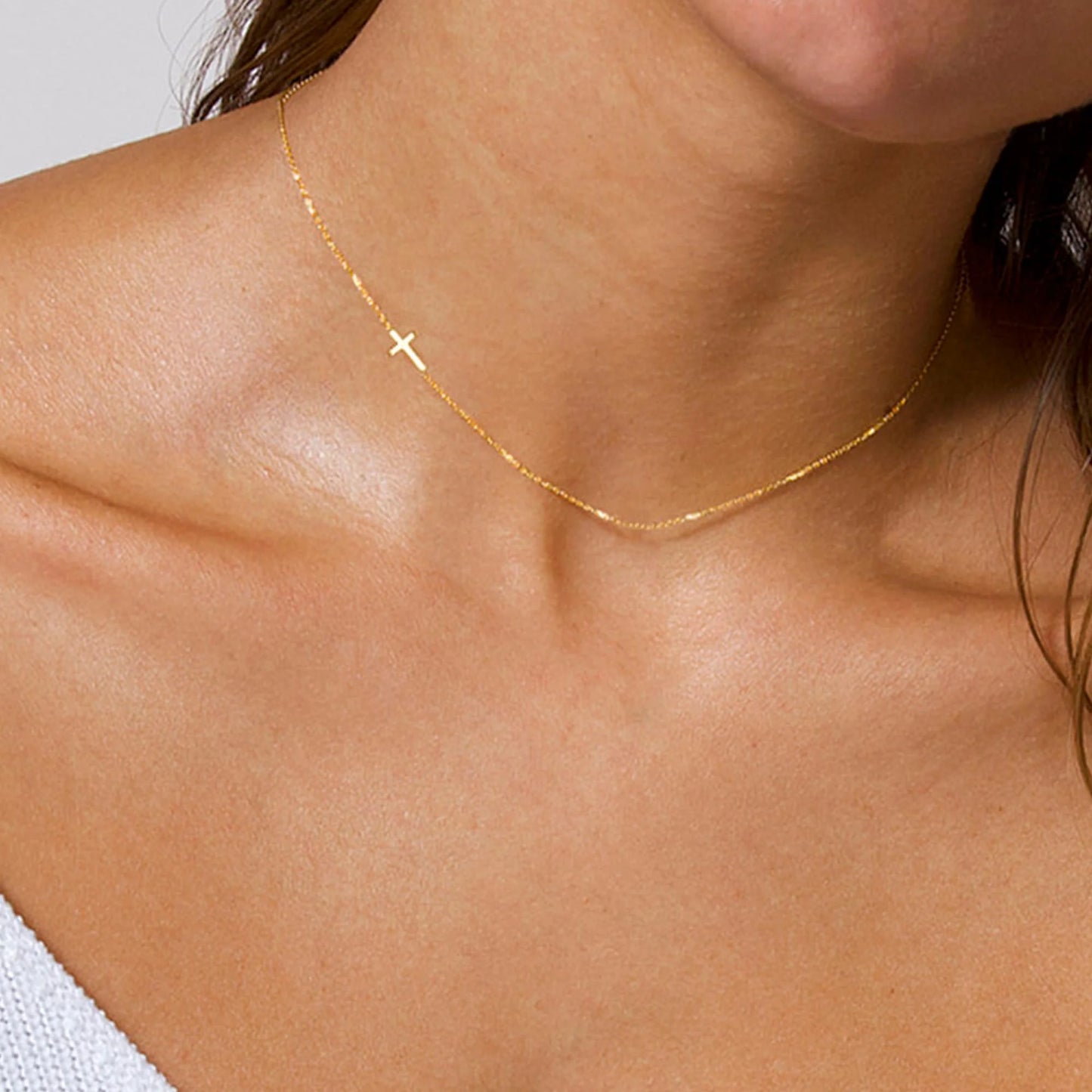 14K Gold Plated Dainty Tiny Sideway Cross Choker Pendant Necklace for Women