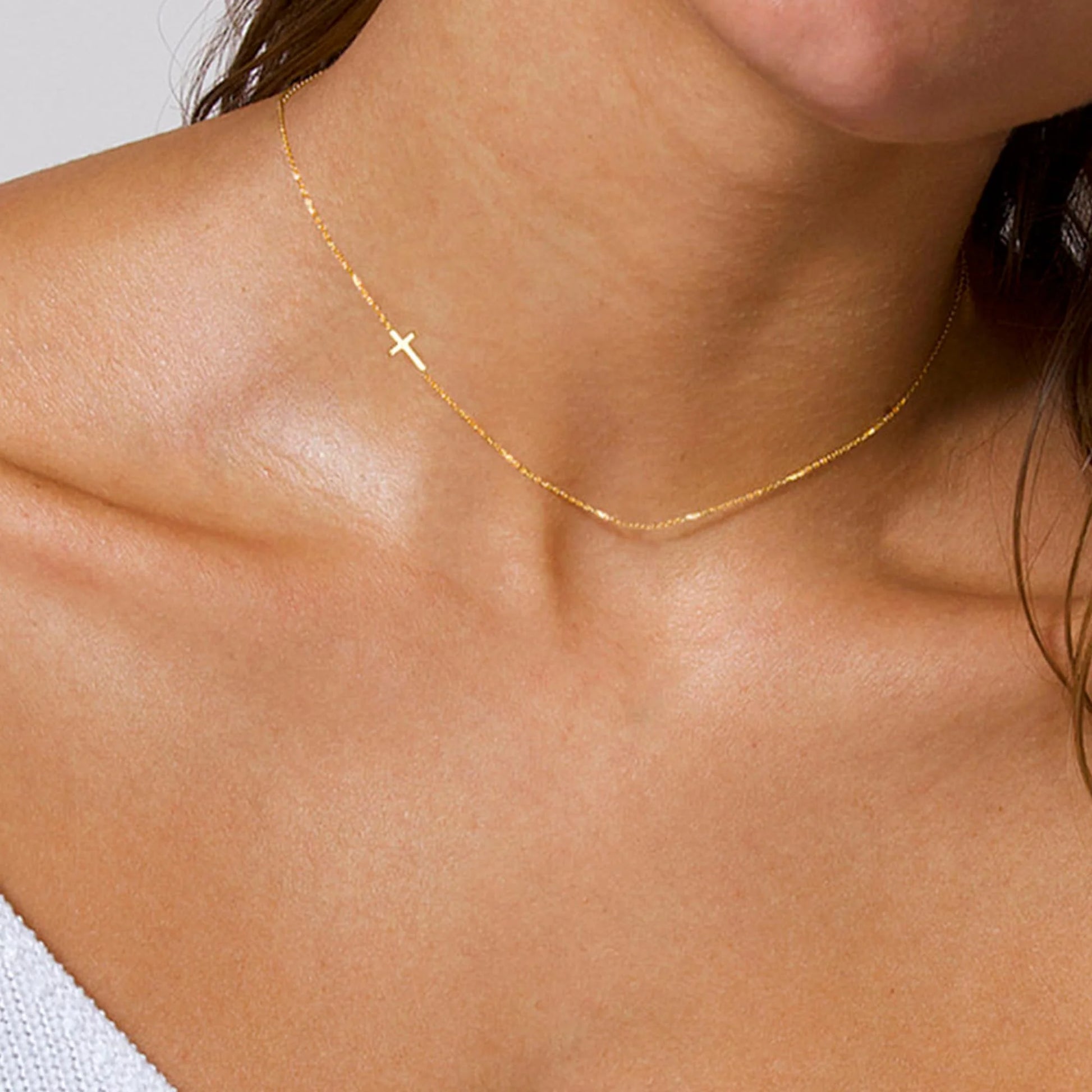 14K Gold Plated Dainty Tiny Sideway Cross Choker Pendant Necklace for Women