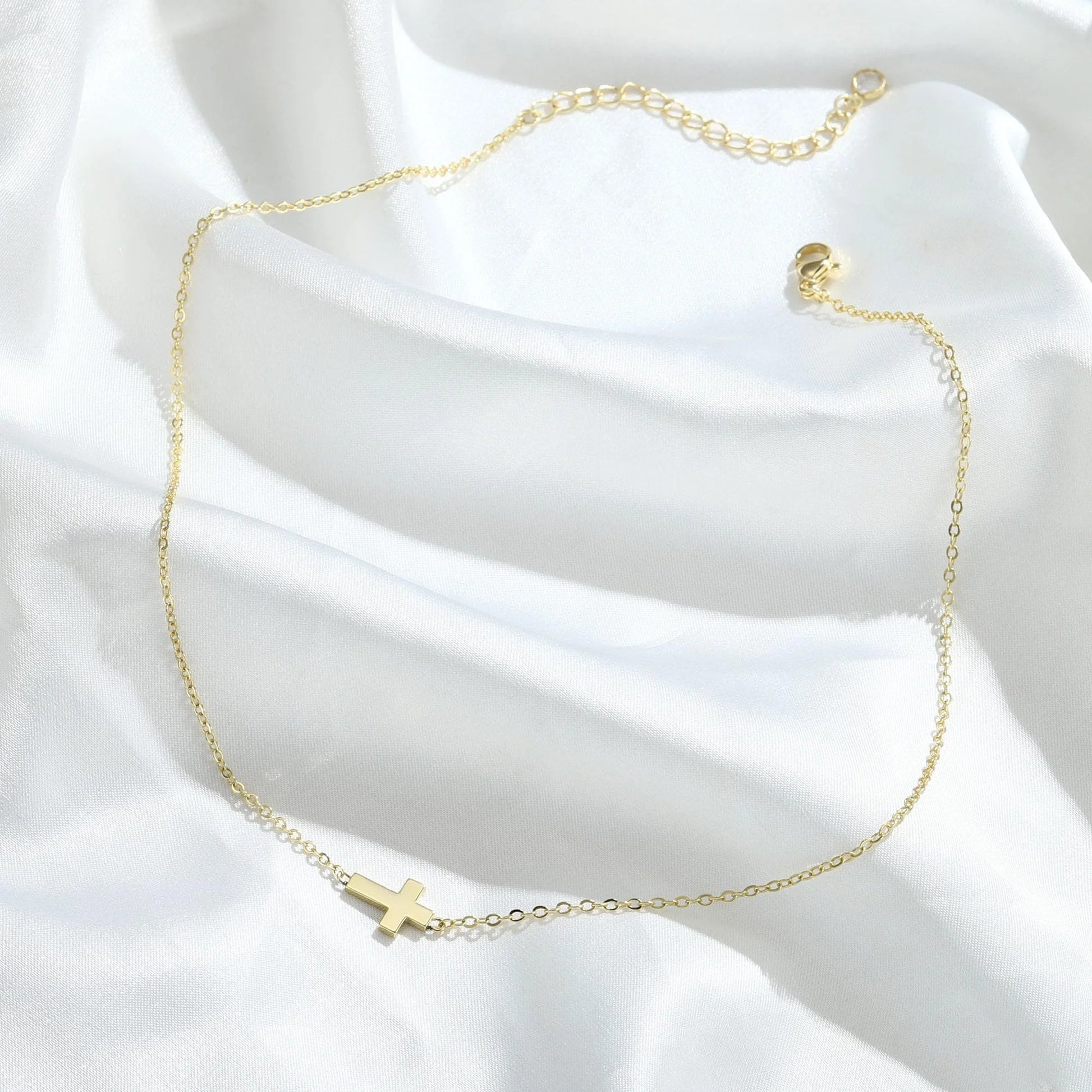 14K Gold Plated Dainty Tiny Sideway Cross Choker Pendant Necklace for Women