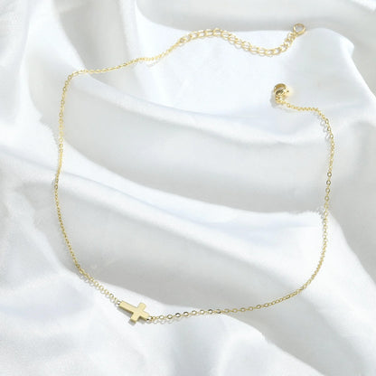 14K Gold Plated Dainty Tiny Sideway Cross Choker Pendant Necklace for Women
