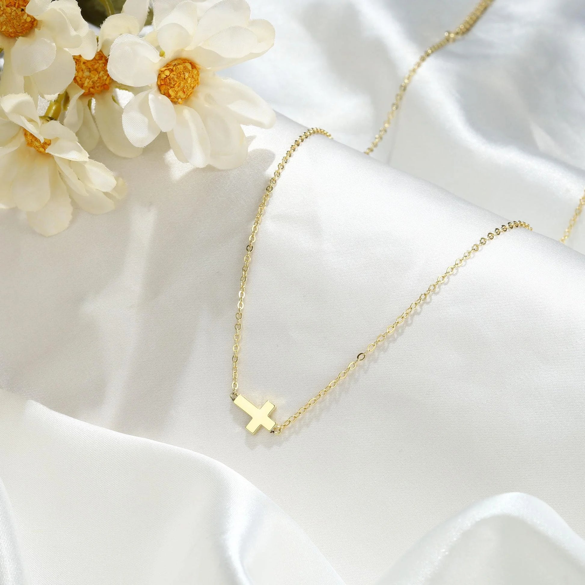 14K Gold Plated Dainty Tiny Sideway Cross Choker Pendant Necklace for Women
