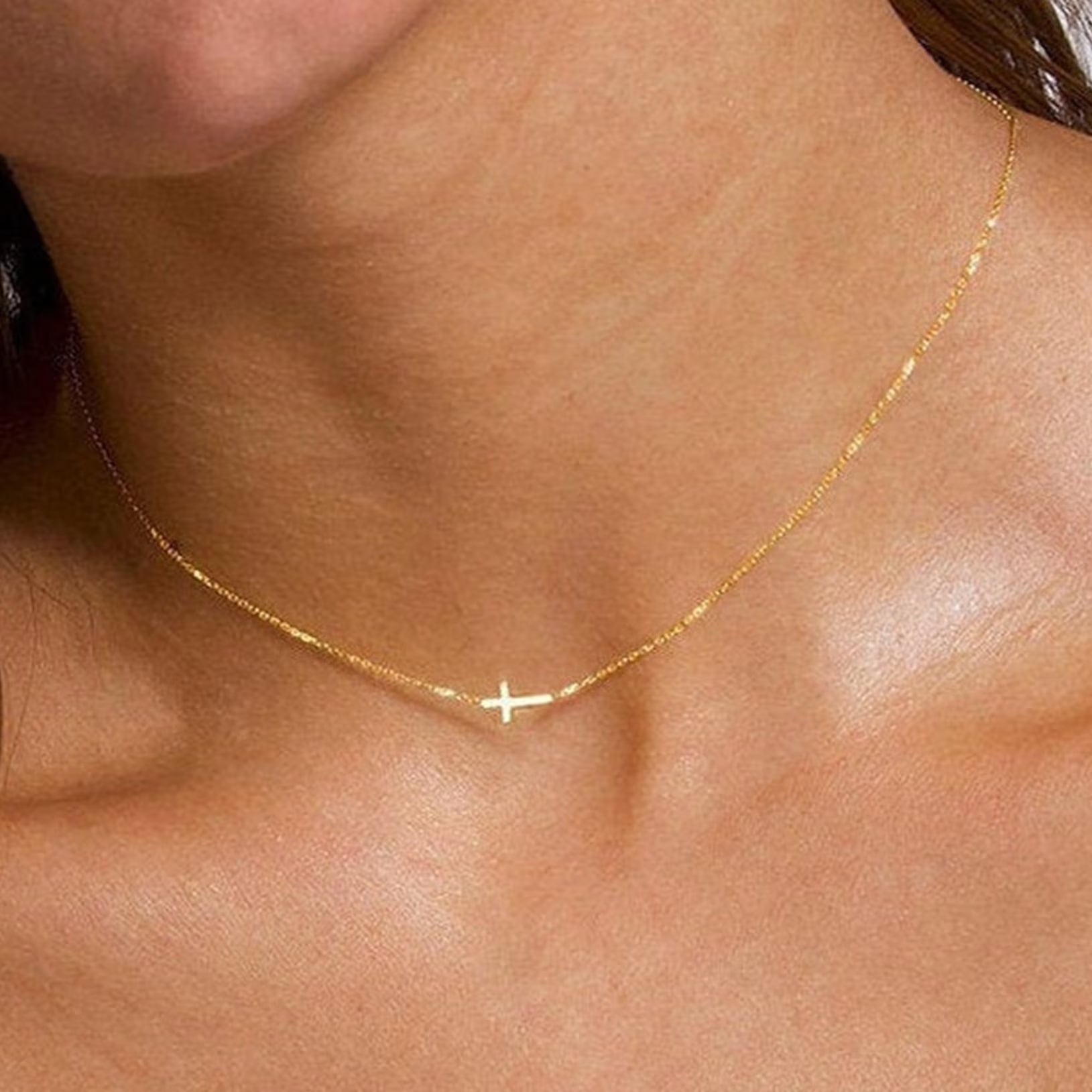 14K Gold Plated Dainty Tiny Sideway Cross Choker Pendant Necklace for Women